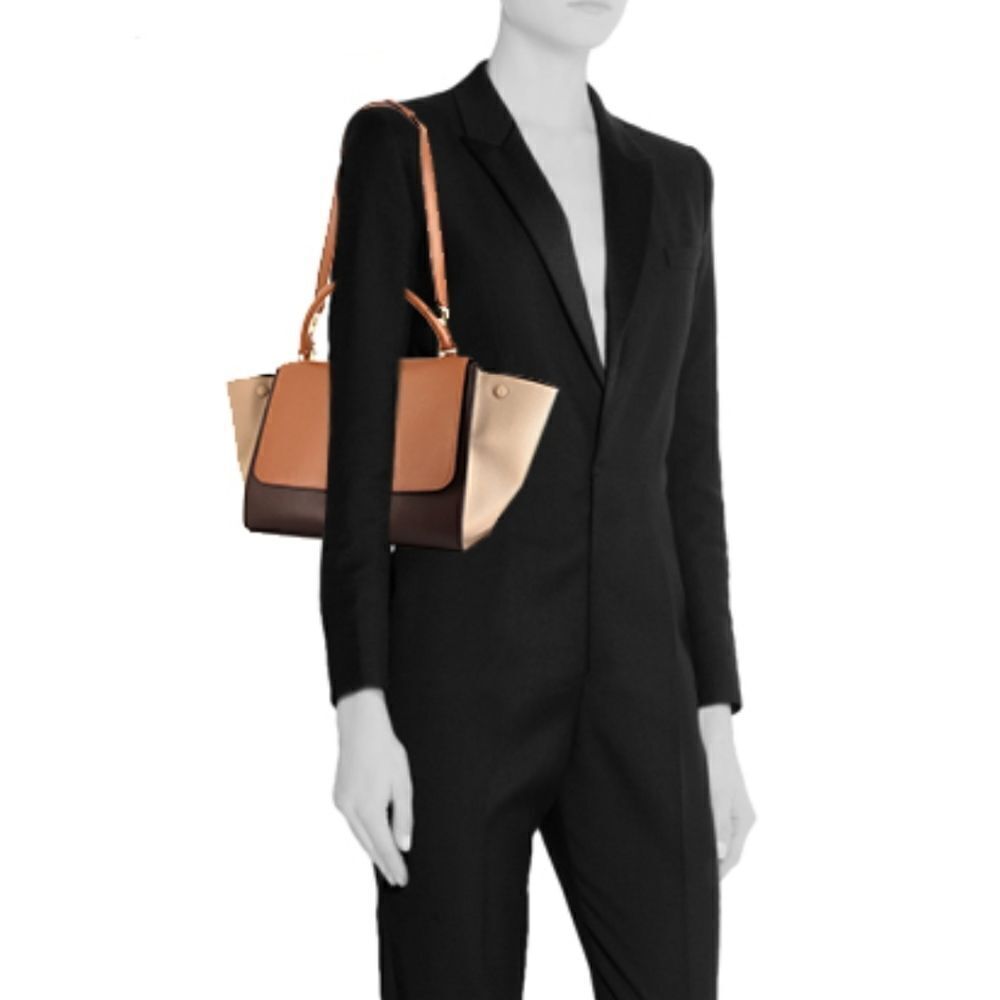 Celene Tricolor Medium Trapeze Luggage Satchel in Cognac Brown Tan - Picture 3 of 14